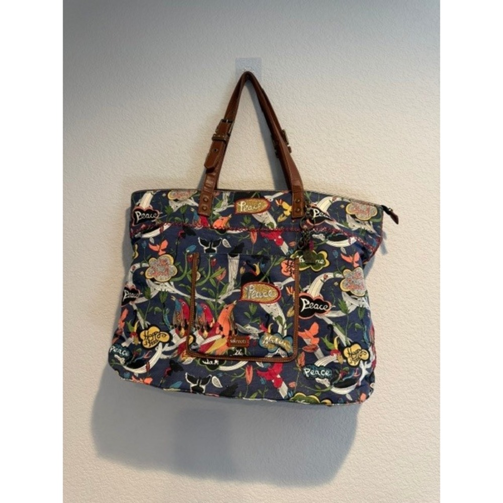 Sakroots Artist Circle Peace Bird Navy Floral Canvas Large Tote Shoulder Bag